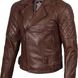 Men's Quilted Asymmetrical Cognac Leather Biker Fashion Jacket, XS